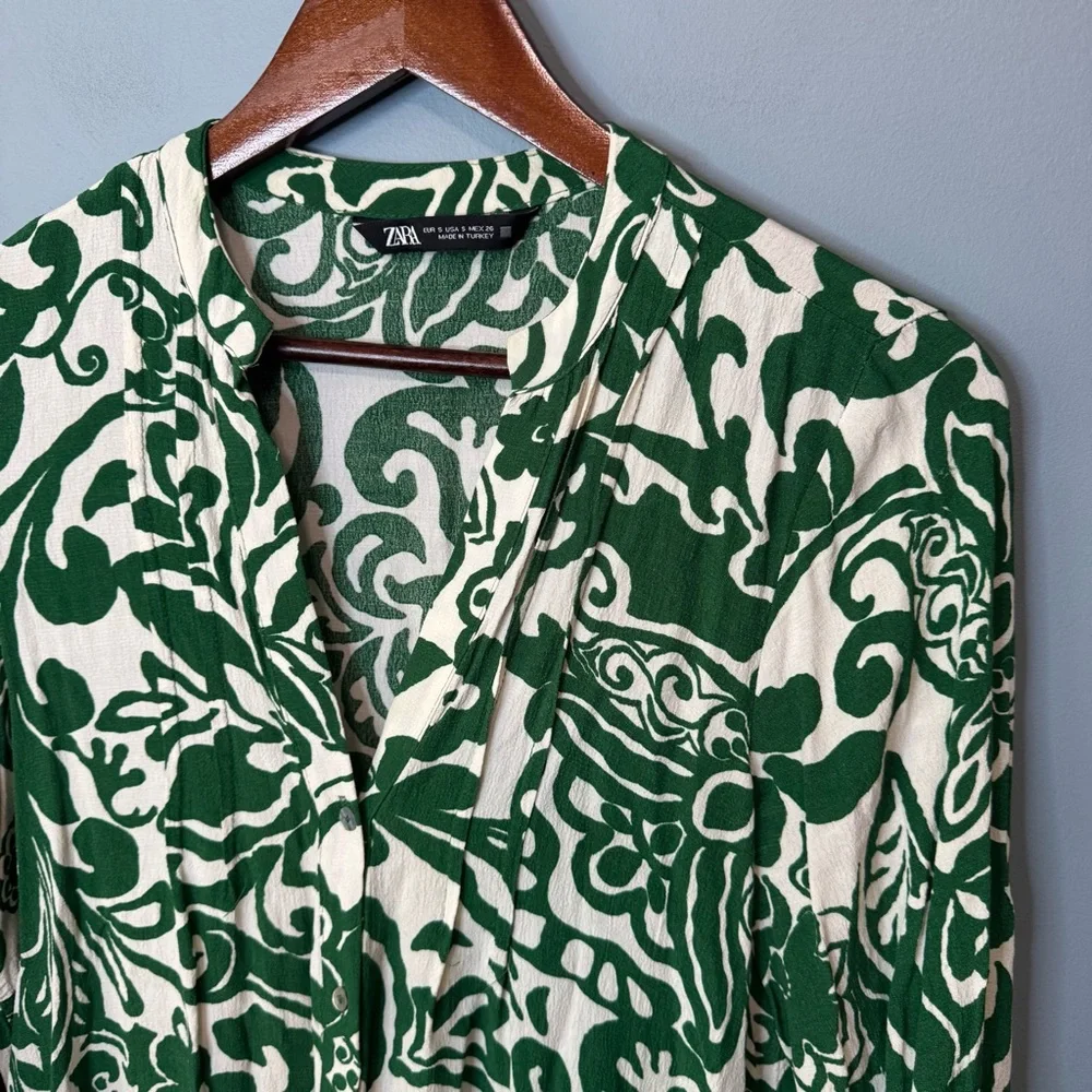 Zara Basic Printed Tunic Mini Dress in Green/Ecru. EUC. Small - Picture 4 of 11